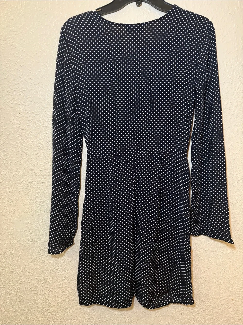 Topshop Black and White Polka Dot Long-Sleeve Wrap Romper with Buckle